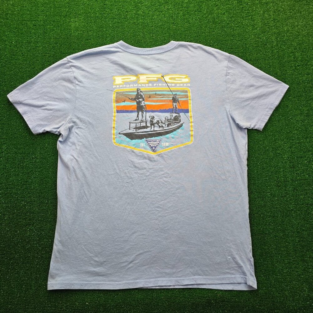 Columbia PFG Tshirt Mens XL Blue Short Sleeve Fishing Gear Graphic Boat Dog Logo